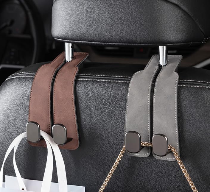HIGHTQURO® 2-in-1 Premium Leather Car Headrest Hanger with Metal Hooks (1 Pair)