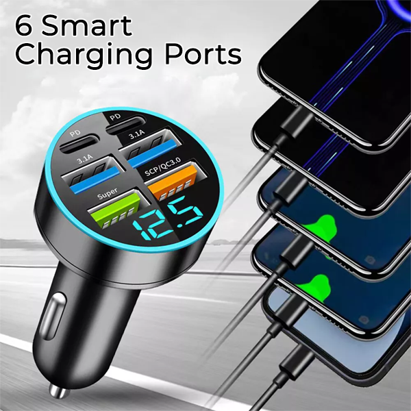 HIGHTQURO® 6 Port USB Car Charger Adaptor with Voltmeter
