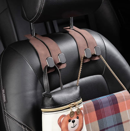 HIGHTQURO® 2-in-1 Premium Leather Car Headrest Hanger with Metal Hooks (1 Pair)