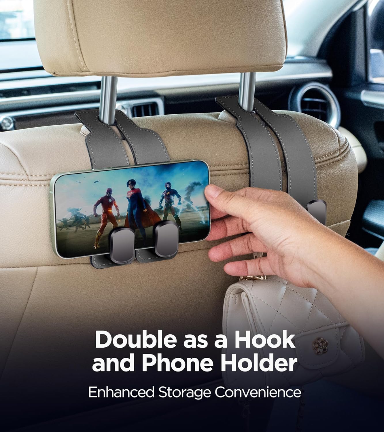 HIGHTQURO® 2-in-1 Premium Leather Car Headrest Hanger with Metal Hooks (1 Pair)