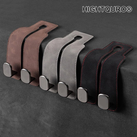 HIGHTQURO® 2-in-1 Premium Leather Car Headrest Hanger with Metal Hooks (1 Pair)